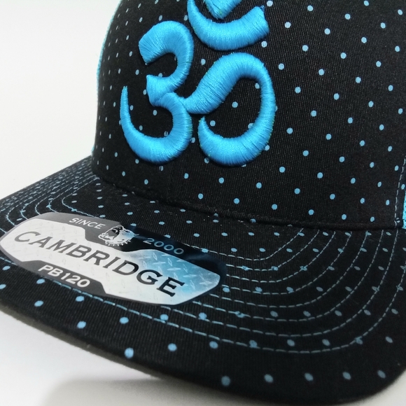 Om Aum Ohm Yoga Namaste Symbol 3D Embroidered Blue Polka Dot Mesh Trucker Hat - Picture 2 of 6